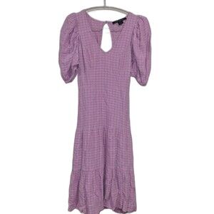 French Connection Sz 0 Birch Gingham Dress Lavender Puff Sleeve Tiered Coquette